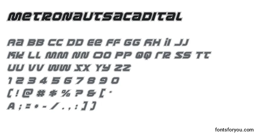 A fonte Metronautsacadital (134203) – alfabeto, números, caracteres especiais