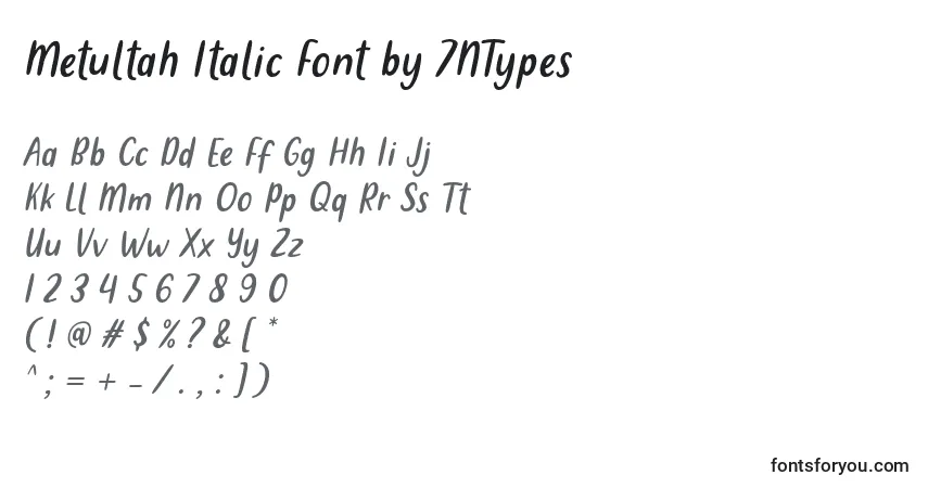 Schriftart Metultah Italic Font by 7NTypes – Alphabet, Zahlen, spezielle Symbole