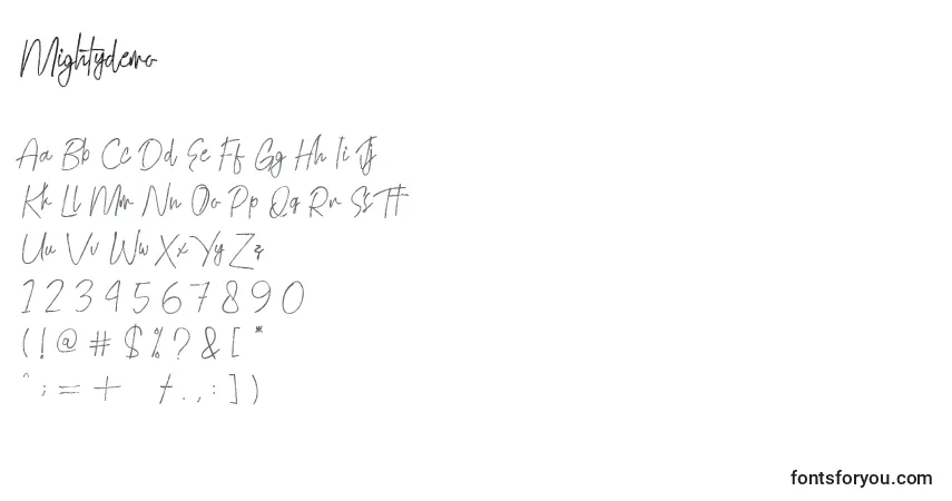 Fuente Mightydemo - alfabeto, números, caracteres especiales