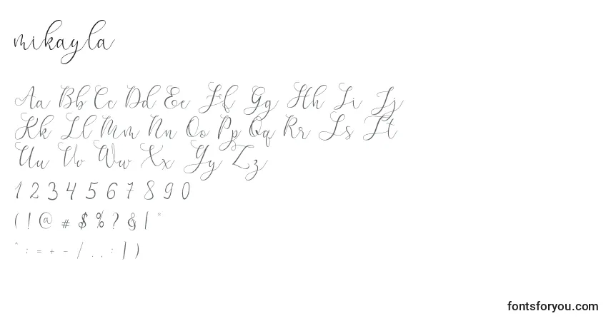 Czcionka Mikayla – alfabet, cyfry, specjalne znaki