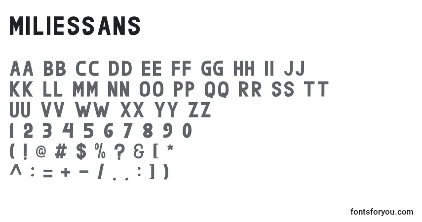 A fonte MiliesSans – alfabeto, números, caracteres especiais