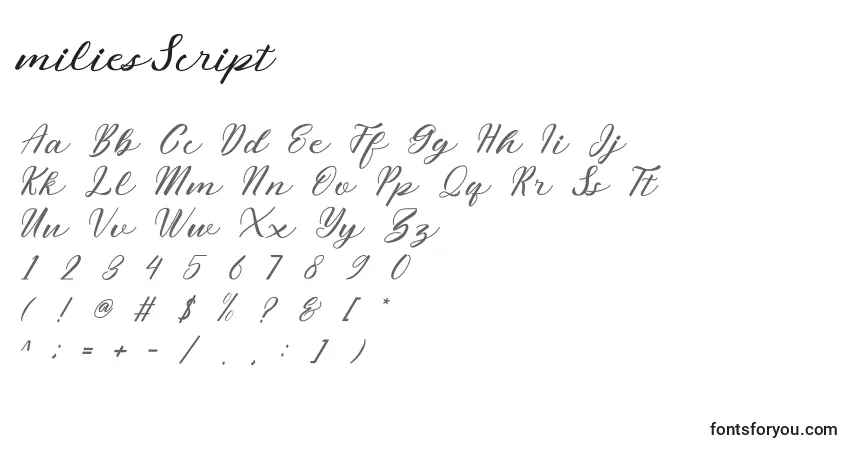Schriftart MiliesScript – Alphabet, Zahlen, spezielle Symbole