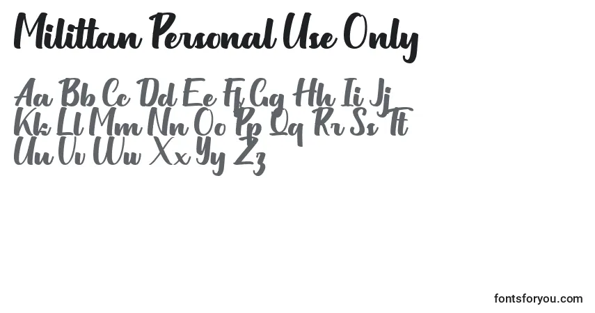Milittan Personal Use Only-fontti – aakkoset, numerot, erikoismerkit