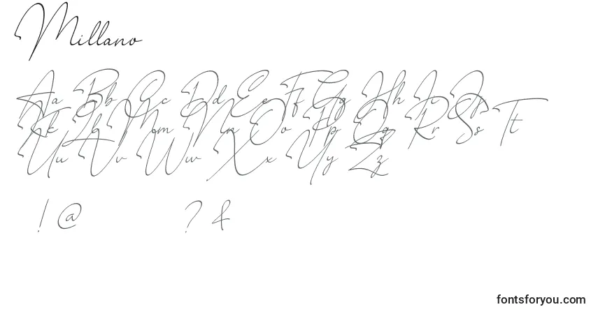 Schriftart Millano – Alphabet, Zahlen, spezielle Symbole