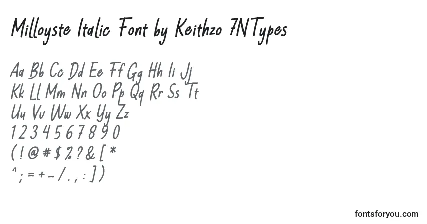 A fonte Milloyste Italic Font by Keithzo 7NTypes – alfabeto, números, caracteres especiais