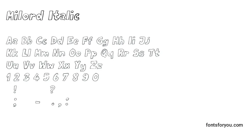 Schriftart Milord Italic – Alphabet, Zahlen, spezielle Symbole