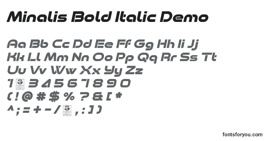 A fonte Minalis Bold Italic Demo – alfabeto, números, caracteres especiais