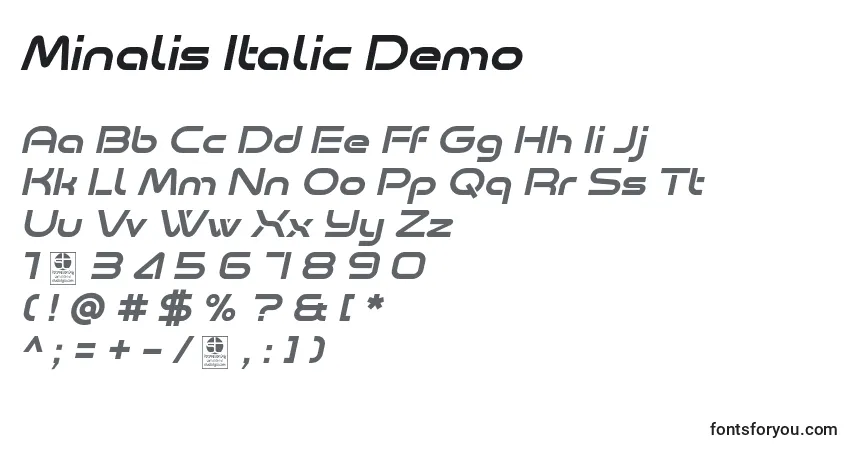 Schriftart Minalis Italic Demo – Alphabet, Zahlen, spezielle Symbole