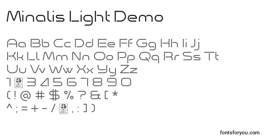 A fonte Minalis Light Demo – alfabeto, números, caracteres especiais