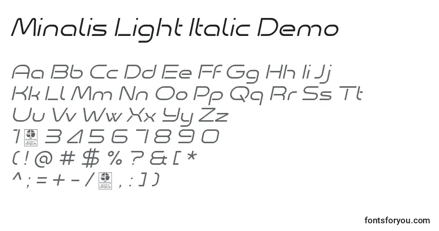 A fonte Minalis Light Italic Demo – alfabeto, números, caracteres especiais
