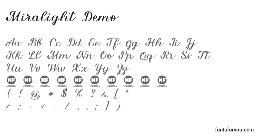 Шрифт Miralight Demo – алфавит, цифры, специальные символы