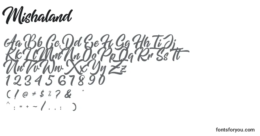 A fonte Mishaland (134455) – alfabeto, números, caracteres especiais