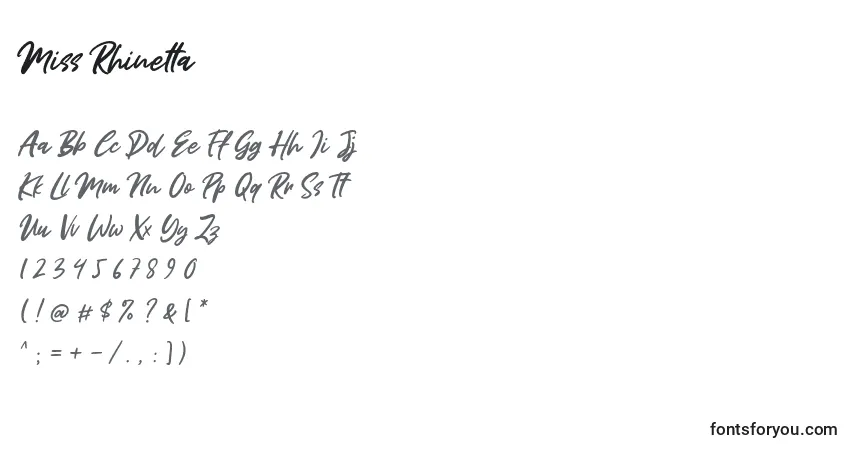 Czcionka Miss Rhinetta – alfabet, cyfry, specjalne znaki