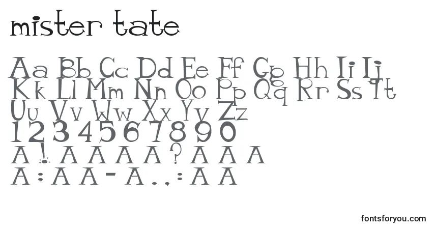 Schriftart Mister tate – Alphabet, Zahlen, spezielle Symbole