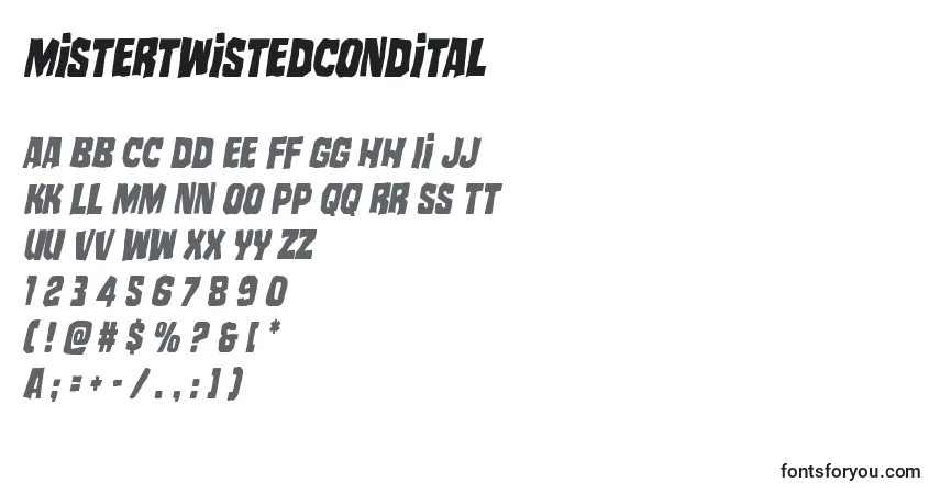 Czcionka Mistertwistedcondital – alfabet, cyfry, specjalne znaki