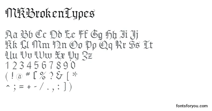 Schriftart MKBrokenTypes (134545) – Alphabet, Zahlen, spezielle Symbole