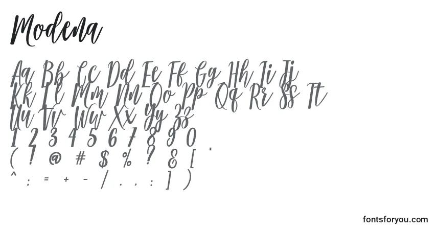 A fonte Modena – alfabeto, números, caracteres especiais