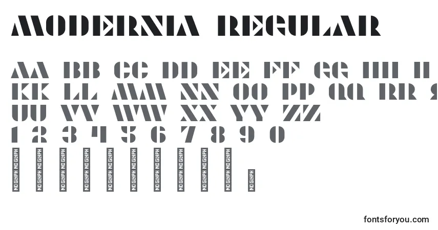 Schriftart Modernia Regular – Alphabet, Zahlen, spezielle Symbole