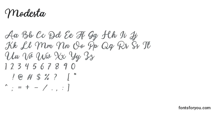 Czcionka Modesta – alfabet, cyfry, specjalne znaki