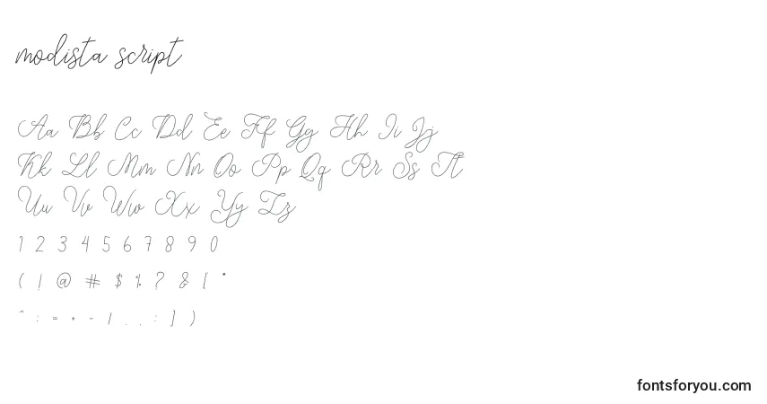 Schriftart Modista script – Alphabet, Zahlen, spezielle Symbole