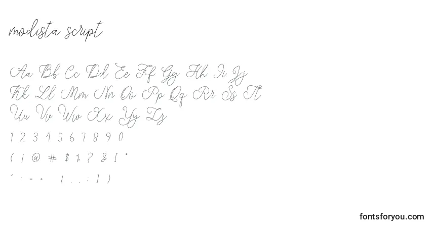 A fonte Modista script (134615) – alfabeto, números, caracteres especiais