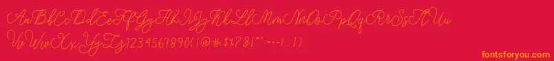 modista script-Schriftart – Orangefarbene Schriften auf rotem Hintergrund