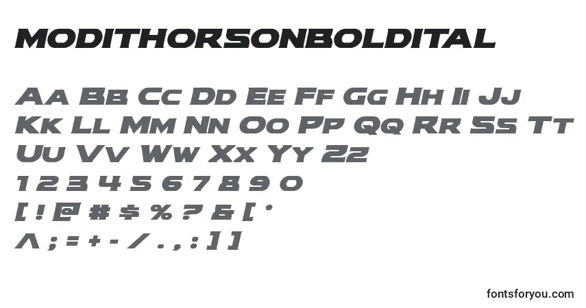 Шрифт Modithorsonboldital (134622) – алфавит, цифры, специальные символы