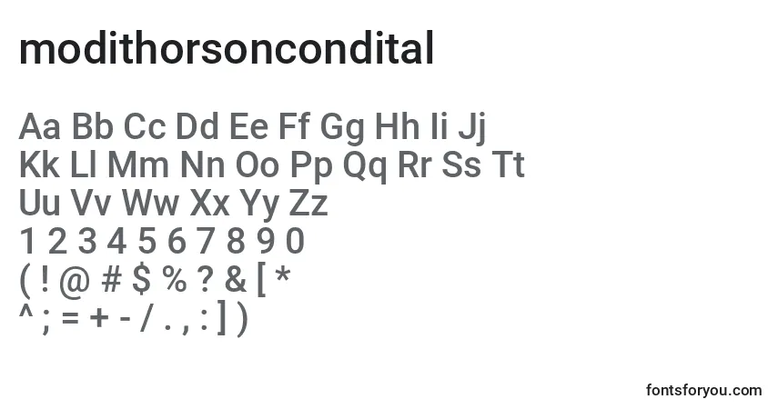 Шрифт Modithorsoncondital (134624) – алфавит, цифры, специальные символы