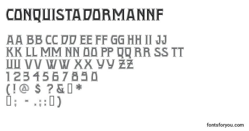 Czcionka Conquistadormannf – alfabet, cyfry, specjalne znaki