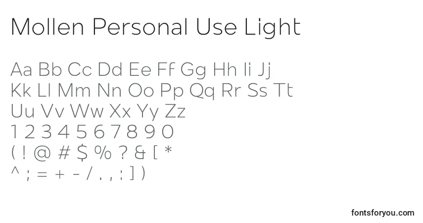 Schriftart Mollen Personal Use Light – Alphabet, Zahlen, spezielle Symbole