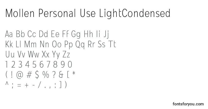 Czcionka Mollen Personal Use LightCondensed – alfabet, cyfry, specjalne znaki
