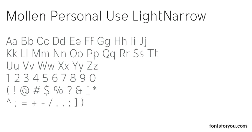 Czcionka Mollen Personal Use LightNarrow – alfabet, cyfry, specjalne znaki