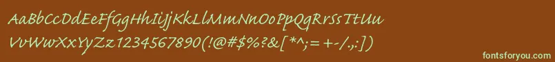 フォントCaflischscriptproRegular – 緑色の文字が茶色の背景にあります。