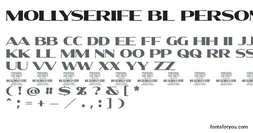 Czcionka MollySerifE Bl PERSONAL – alfabet, cyfry, specjalne znaki