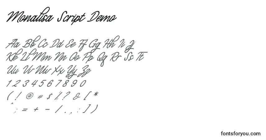 A fonte Monalisa Script Demo – alfabeto, números, caracteres especiais