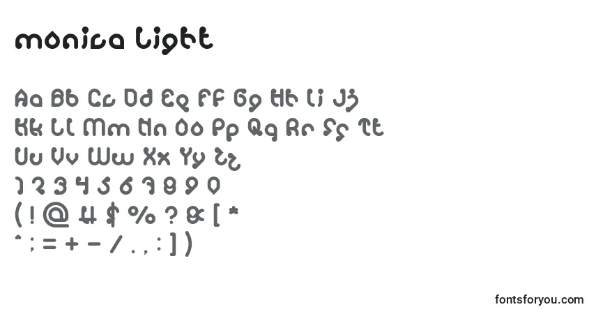 Czcionka Monica Light – alfabet, cyfry, specjalne znaki