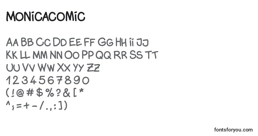 Schriftart Monicacomic – Alphabet, Zahlen, spezielle Symbole