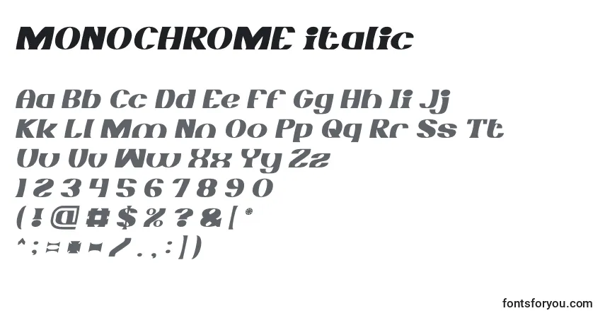 Czcionka MONOCHROME italic – alfabet, cyfry, specjalne znaki