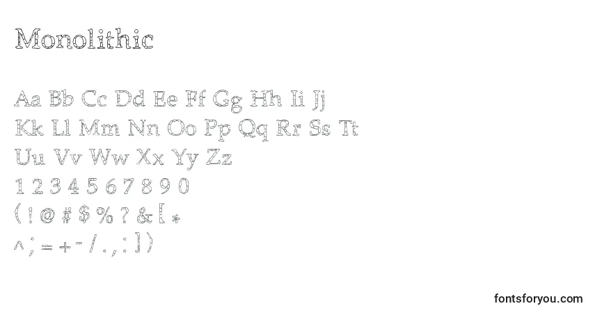Czcionka Monolithic – alfabet, cyfry, specjalne znaki