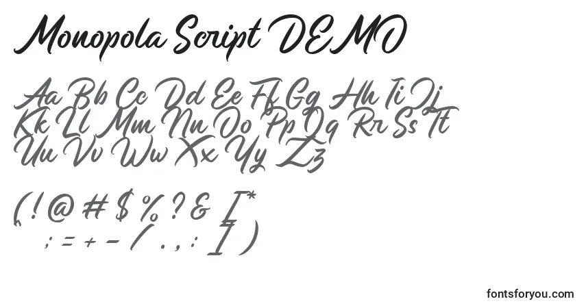 Monopola Script DEMO-fontti – aakkoset, numerot, erikoismerkit
