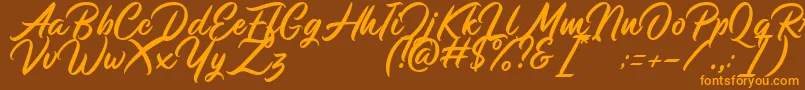 Monopola Script DEMO-Schriftart – Orangefarbene Schriften auf braunem Hintergrund