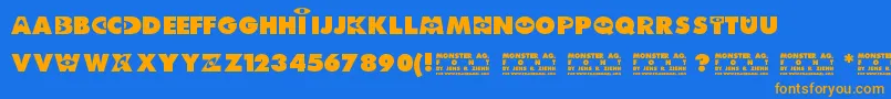 フォントMonster AG – オレンジ色の文字が青い背景にあります。