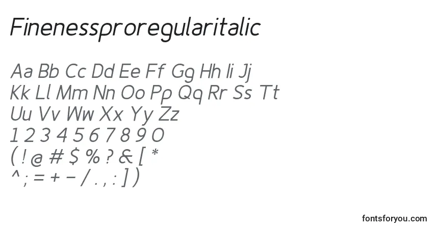 Schriftart Finenessproregularitalic – Alphabet, Zahlen, spezielle Symbole