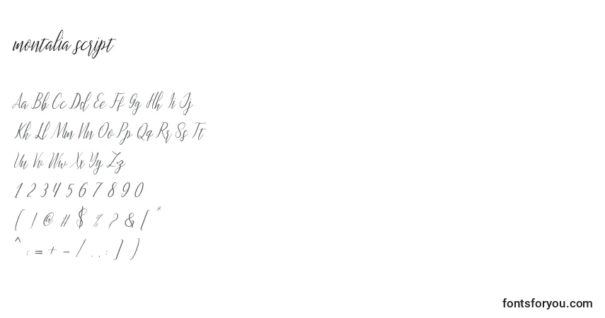 Czcionka Montalia script – alfabet, cyfry, specjalne znaki