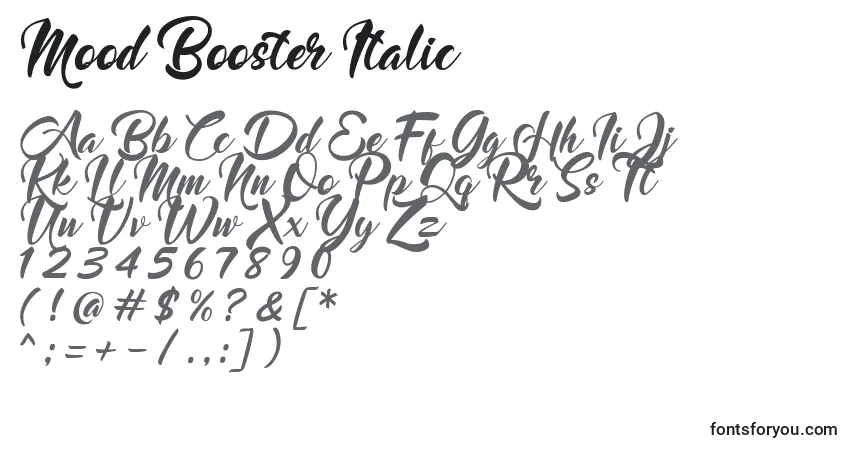 Czcionka Mood Booster Italic – alfabet, cyfry, specjalne znaki