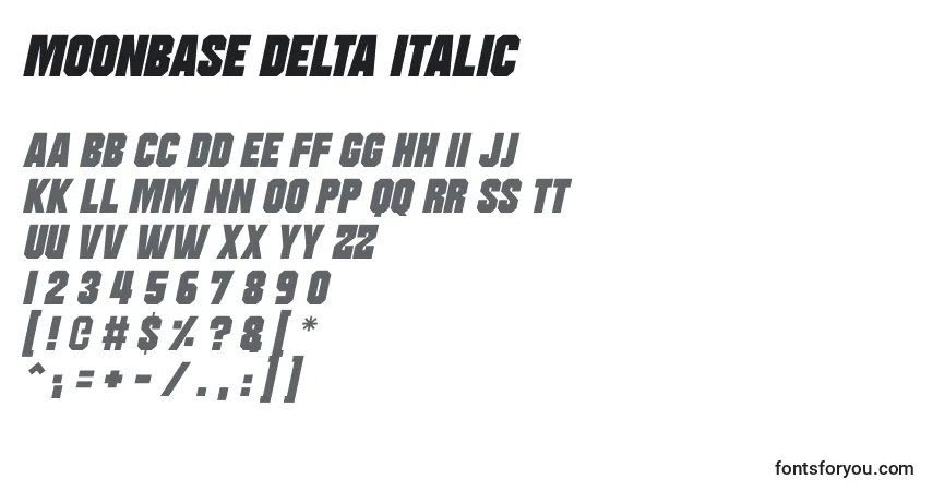 Schriftart Moonbase Delta Italic – Alphabet, Zahlen, spezielle Symbole
