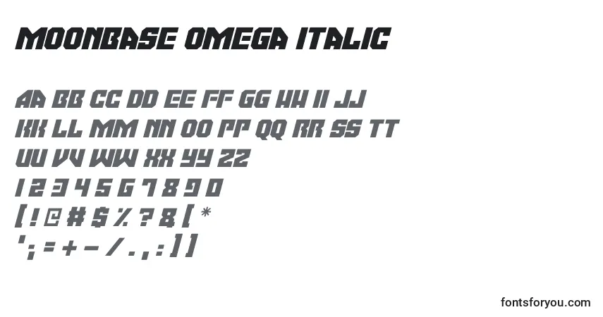 Schriftart Moonbase Omega Italic – Alphabet, Zahlen, spezielle Symbole