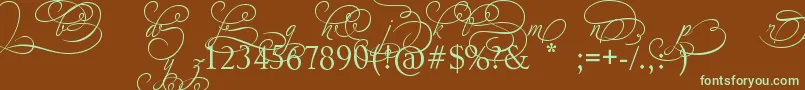 フォントAdiosScriptAltIvAndOrns – 緑色の文字が茶色の背景にあります。