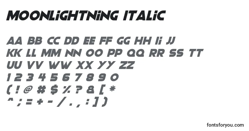 Czcionka Moonlightning Italic – alfabet, cyfry, specjalne znaki