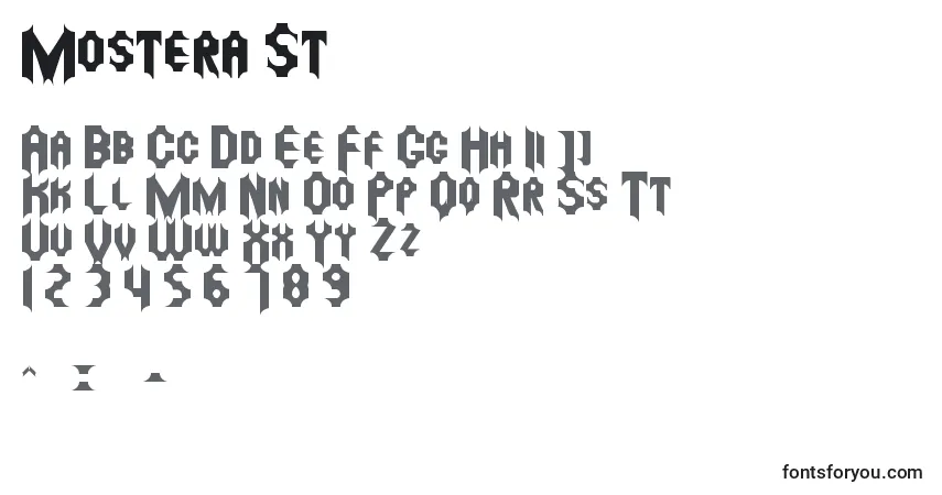 Czcionka Mostera St – alfabet, cyfry, specjalne znaki